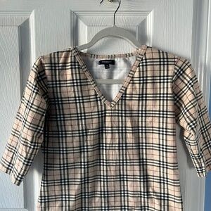 Vintage Burberry Plaid Crop Top 3/4 Sleeve Stretch Size M  made in England